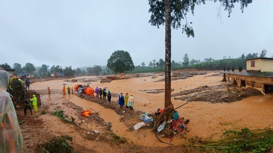 Rescuers and others inspect the spot after landslides hit hilly villages in Wayanad district, Kerala state, India.(AP)