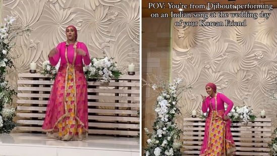 The image shows a woman from Africa dancing to an Indian song while attending her Korean friend’s wedding. (Instagram/@sarahsaidd)