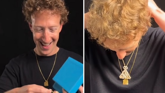 The image shows Mark Zuckerberg holding a gold chain he received as a gift from T-Pain. (Instagram/@zuck)