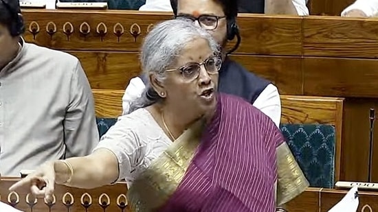 Union Minister of Finance and Corporate Affairs Nirmala Sitharaman speaks in the Lok Sabha during the Monsoon Session of Parliament, in New Delhi on Tuesday. (SansadTV)