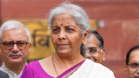 Union finance minister Nirmala Sitharaman outside the Parliament. (PTI)