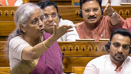 Union Finance Minister Nirmala Sitharaman speaks in the Lok Sabha during the Monsoon session of Parliament. (PTI)