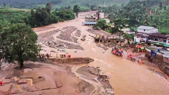 Wayanad: A drone view of a landslide site in Chooralmala, in Wayanad district, Tuesday, July 30, 2024. (PTI Photo) (PTI)