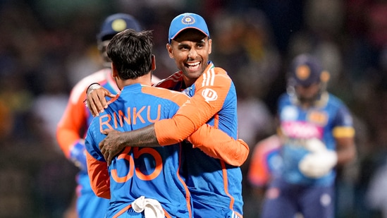 India's Rinku Singh with captain Suryakumar Yadav celebrates the wicket of Sri Lanka's Ramesh Mendis(PTI)