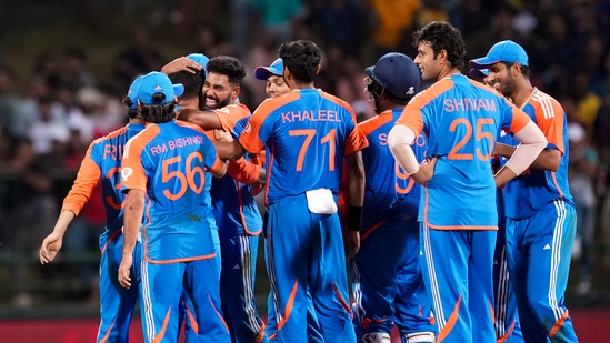 India's Suryakumar Yadav with teammates celebrates (PTI)