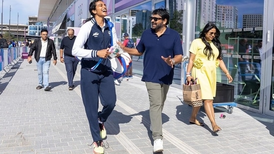 PV Sindhu has a light-hearted moment with Chiranjeevi at Olympics 2024.