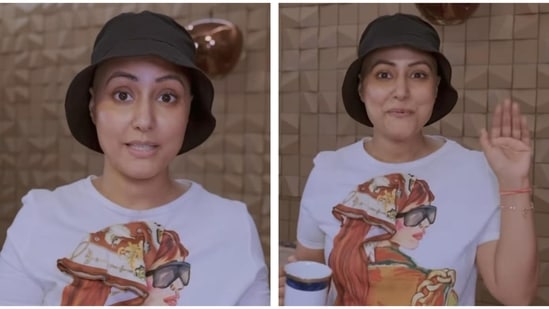 Hina Khan in the new video, where she wore a black hat.