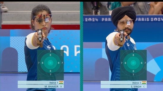 Paris 2024 Olympics: Manu Bhaker of India (left) and Sarabjot Singh of India during match.