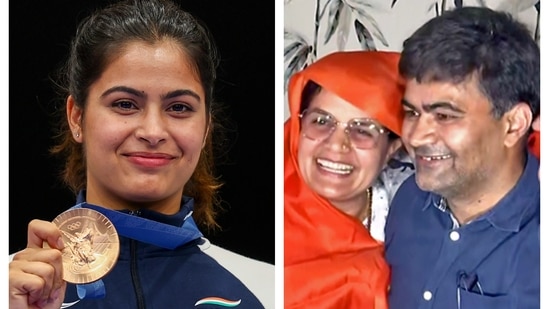 Manu Bhaker smiles with her historic second bronze medal at the Paris Olympics; her parents celebrate at home.