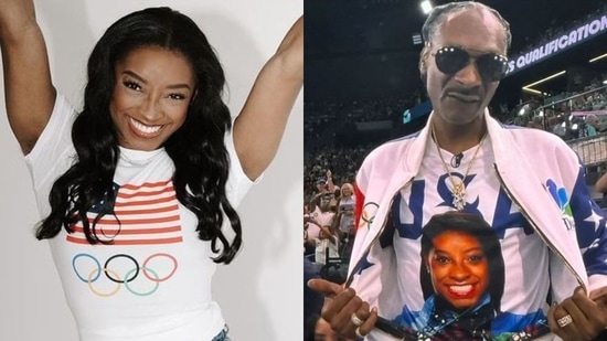 US Olympian Simone Biles shared the Sunday Snoop Dogg moment (right) on her Instagram Stories. (Instagram / @simonebiles)