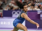 Badminton player PV Sindhu in action during the Women’s Singles final Group M match against Estonia's Kristin Kuuba in the Olympic Games Paris 2024