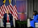 Republican presidential candidate Donald Trump left, participates in a discussion at the National Association of Black Journalists Convention and Career Fair in Chicago, Wednesday, July 31, 2024. On the right is ABC's Rachel Scott. Republican presidential candidate Donald Trump left, participates in a discussion at the National Association of Black Journalists Convention and Career Fair in Chicago, Wednesday, July 31, 2024. On the right is ABC's Rachel Scott.