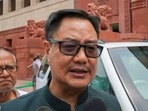 Union minister Kiren Rijiju arrives to attend the Monsoon session of Parliament, in New Delhi on July 31.