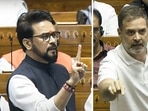 Leader of Opposition in Lok Sabha and Congress MP Rahul Gandhi (R) and BJP MP Anurag Thakur in the House during the Monsoon session of Parliament, in New Delhi, Tuesday, July 30, 2024.(PTI) Leader of Opposition in Lok Sabha and Congress MP Rahul Gandhi (R) and BJP MP Anurag Thakur in the House during the Monsoon session of Parliament, in New Delhi, Tuesday, July 30, 2024.(PTI)