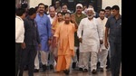Yogi Adityanath along with other legislators on Wednesday (Deepak Gupta/HT) Yogi Adityanath along with other legislators on Wednesday (Deepak Gupta/HT)
