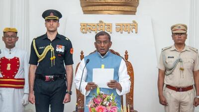 Lakshman Prasad Acharya was administered the oath of office and secrecy by Chief Justice Siddharth Mridul of the Manipur high court at the Darbar hall of Raj Bhavan in Imphal (Twitter/@NBirenSingh)