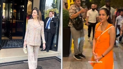 Nita Ambani and Radhika Merchant at Four Seasons Hotel George V, Paris. Nita Ambani and Radhika Merchant at Four Seasons Hotel George V, Paris.