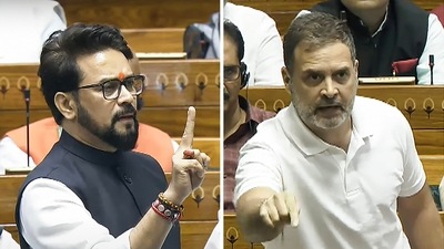 Leader of Opposition in Lok Sabha and Congress MP Rahul Gandhi (R) and BJP MP Anurag Thakur in the House during the Monsoon session of Parliament, in New Delhi, Tuesday, July 30, 2024. (PTI)