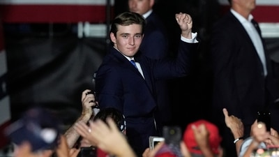 Barron Trump raises a clenched fist after he is introduced by his father, Republican presidential candidate former President Donald Trump, at a campaign rally in Doral, Fla., July 9, 2024. (AP Photo/Marta Lavandier) (AP) Barron Trump raises a clenched fist after he is introduced by his father, Republican presidential candidate former President Donald Trump, at a campaign rally in Doral, Fla., July 9, 2024. (AP Photo/Marta Lavandier) (AP)