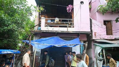 The first-floor house where the family of six lived in Noida’s Sector 8. They were asleep on Tuesday night when a fire claimed the lives of three sisters, all minors. Their father sustained 60% burns and is critical, police said. (Sunil Ghosh/HT Photo) The first-floor house where the family of six lived in Noida’s Sector 8. They were asleep on Tuesday night when a fire claimed the lives of three sisters, all minors. Their father sustained 60% burns and is critical, police said. (Sunil Ghosh/HT Photo)