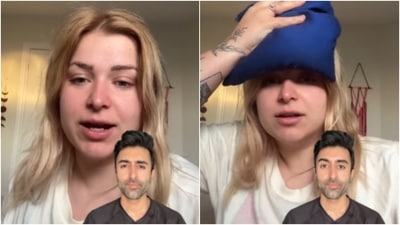In the video, the woman demonstrated the quick pain-relief hack – we need to place a cold towel on our head and a hot towel in the back and the neck. (Instagram/@doctorsoood) In the video, the woman demonstrated the quick pain-relief hack – we need to place a cold towel on our head and a hot towel in the back and the neck. (Instagram/@doctorsoood)