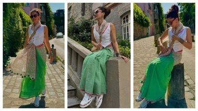 Taapsee Pannu flew to Paris to attend Olympics and support team India. A trailblazer in experimenting, be it with her fashion game or with her versatile roles, Taapsee opted for a white waistcoat instead of the usual blouse. The contemporary touch was further amped up with a pair of white sneakers. (Instagram/@taapseepannu) Taapsee Pannu flew to Paris to attend Olympics and support team India. A trailblazer in experimenting, be it with her fashion game or with her versatile roles, Taapsee opted for a white waistcoat instead of the usual blouse. The contemporary touch was further amped up with a pair of white sneakers. (Instagram/@taapseepannu)
