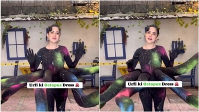 Uorfi wore a galactic octopus suit with rotating tentacles for her Wednesday attire, and we are busy staring at it. (Instagram/@viralbhayani) Uorfi wore a galactic octopus suit with rotating tentacles for her Wednesday attire, and we are busy staring at it. (Instagram/@viralbhayani)