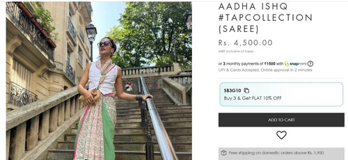 Taapsee Pannu's saree is from the shelves of the brand Suta and costs ₹4,500. (suta.in) Taapsee Pannu's saree is from the shelves of the brand Suta and costs ₹4,500. (suta.in)