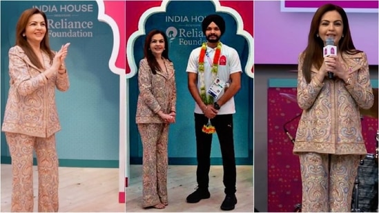 Nita Ambani felicitates India's shooting star Sarabjot Singh at Paris 2024 Olympics in elegant co-ord set.(Instagram)
