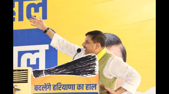 AAP Rajya Sabha MP Sanjay Singh during Badlav Jansabha in Karnal on Wednesday. (HT Photo)