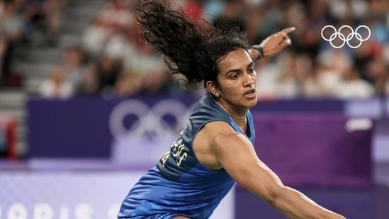 Badminton player PV Sindhu in action during the Women’s Singles final Group M match against Estonia's Kristin Kuuba in the Olympic Games Paris 2024(Olympic Khel -X)