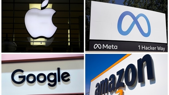 This photo combo of images shows logos for Apple, Meta, Google and Amazon (AP)