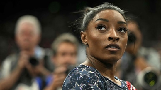 US' Simone Biles during the artistic gymnastics women's team final during the Paris 2024 Olympic Games.(AFP)