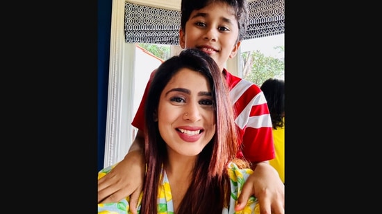 The image shows Ghazal Alagh with her nine-year-old son Agastya. (X/@GhazalAlagh)