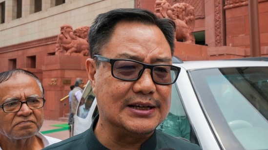 Union minister Kiren Rijiju arrives to attend the Monsoon session of Parliament, in New Delhi on July 31.(PTI)