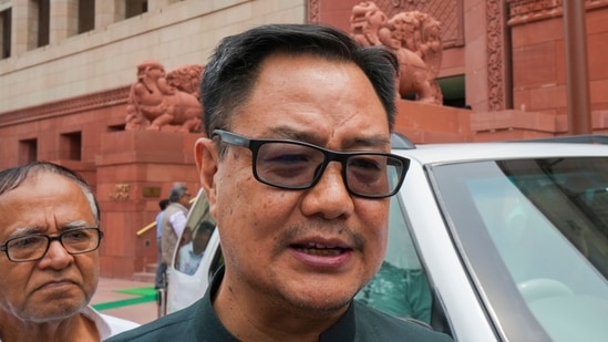 Union parliamentary affairs minister Kiren Rijiju defended BJP MP Anurag Thakur's comments about caste in the Lok Sabha.(PTI)