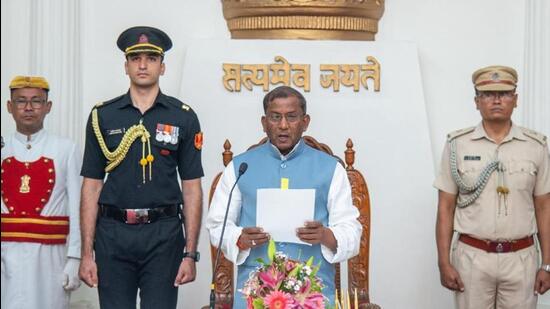 Lakshman Prasad Acharya was administered the oath of office and secrecy by Chief Justice Siddharth Mridul of the Manipur high court at the Darbar hall of Raj Bhavan in Imphal (Twitter/@NBirenSingh)
