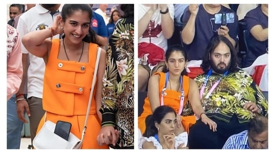 The couple after a star-studded, wedding of the decade, was spotted at the Olympics. Anant Ambani wore a yellow, floral printed shirt, while Radhika Merchant donned an orange dress with a white sling bag.(Instagram)