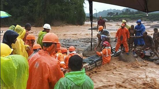 NDRF personnel conduct rescue operation in Wayanad district of Kerala on Tuesday (PTI Photo)