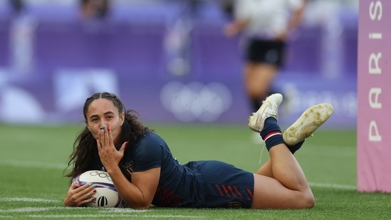 Ilona Maher of the United States celebrates scoring a try (REUTERS)