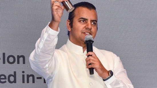 Ola Electric CMD Bhavish Aggarwal addresses the media during the announcement of the company's forthcoming initial public offering (IPO), in Mumbai.(PTI)