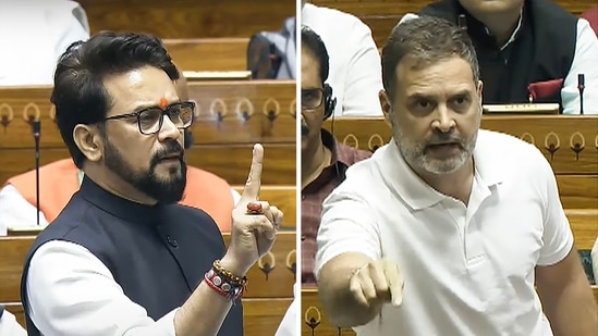 Leader of Opposition in Lok Sabha and Congress MP Rahul Gandhi (R) and BJP MP Anurag Thakur in the House during the Monsoon session of Parliament, in New Delhi, Tuesday, July 30, 2024.(PTI)