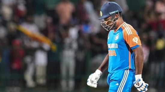 India's Sanju Samson walks off the ground after his dismissal during the 3rd T20 International cricket match between India and Sri Lanka at the Pallekele International Cricket Stadium(PTI)