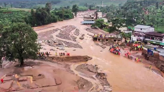 Wayanad: A drone view of a landslide site in Chooralmala, in Wayanad district(PTI)