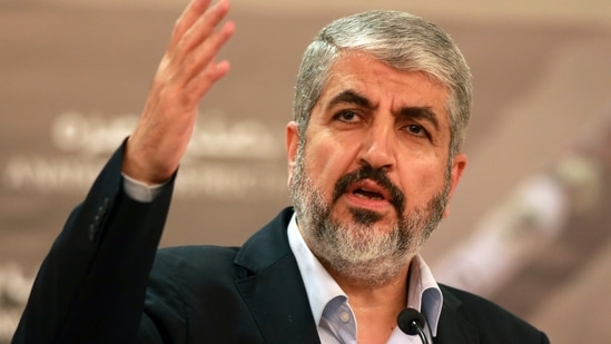 FILE - Khaled Mashaal, at the time, leader of the militant group Hamas, that has governed Gaza since a 2007 takeover, speaks during a speech held in Doha, Qatar, on Aug. 28, 2014. (AP Photo/Osama Faisal, File)