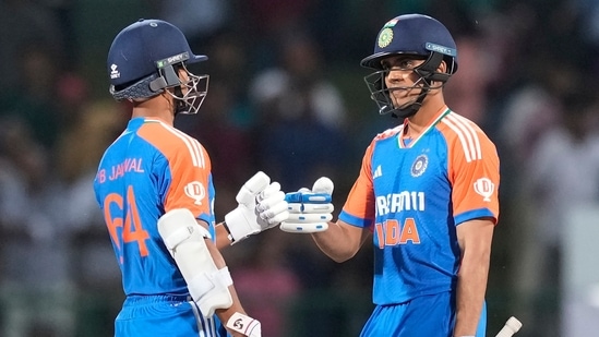 India's Shubman Gill, right, and Yashasvi Jaiswal bump fists during the first Twenty20 cricket match between Sri Lanka and India in Pallekele(AP)