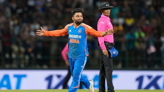India's Rinku Singh celebrates the wicket of Sri Lanka's Ramesh Mendis during the third Twenty20 cricket match between Sri Lanka and India in Pallekele, Sri Lanka, Tuesday(AP)