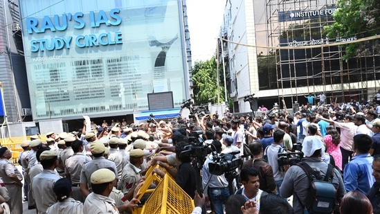 Students stage a protest after three civil services aspirants died due to drowning at a coaching centre in Old Rajinder Nagar in New Delhi, (Arvind Yadav/HT file)