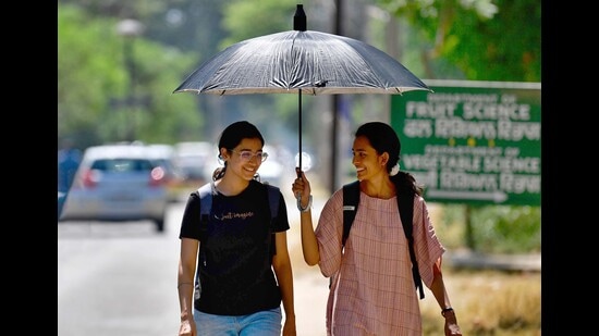 Students using umbrella to save themselves from direct sunlight in PAU?in Ludhiana. (HT Photo)