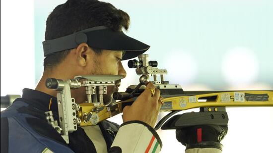 Swapnil Kusale competes in the 50m rifle 3 positions men’s qualification round at the Paris Olympics. (AP)